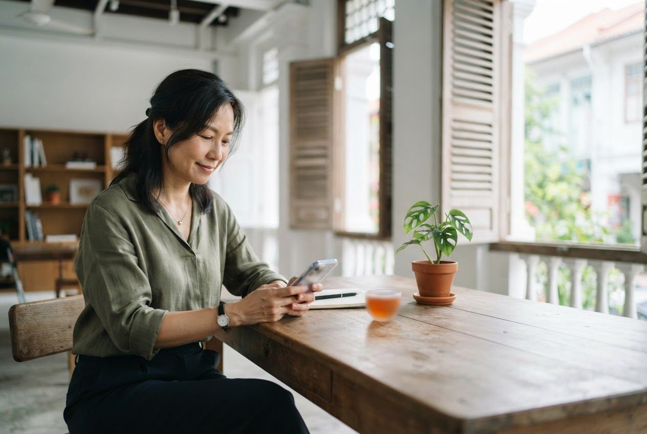 A small business owner in a Singapore shophouse office checking her phone